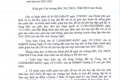 CV 381  Về việc triển khai thực hiện công văn số 2120 SGDĐT-KHTC ngày 23-11-2021 của Sở GD&ĐT Quảng Ngãi về hướng dẫn mức thu học phí và thực hiện chính sách miễn phí